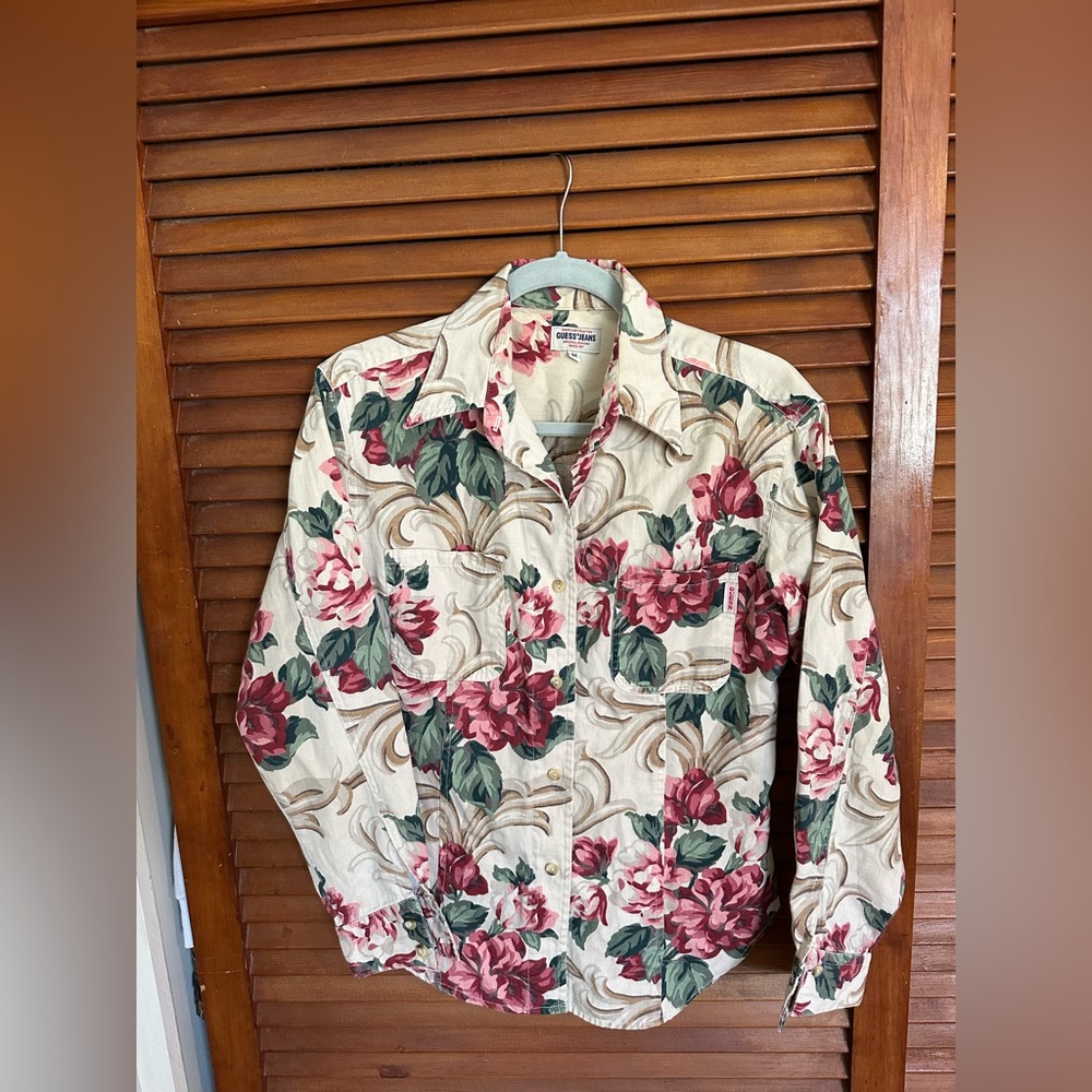 Vintage 1994 Guess Blouse With Rose Print Detail, Double Breast Pockets, Size M
